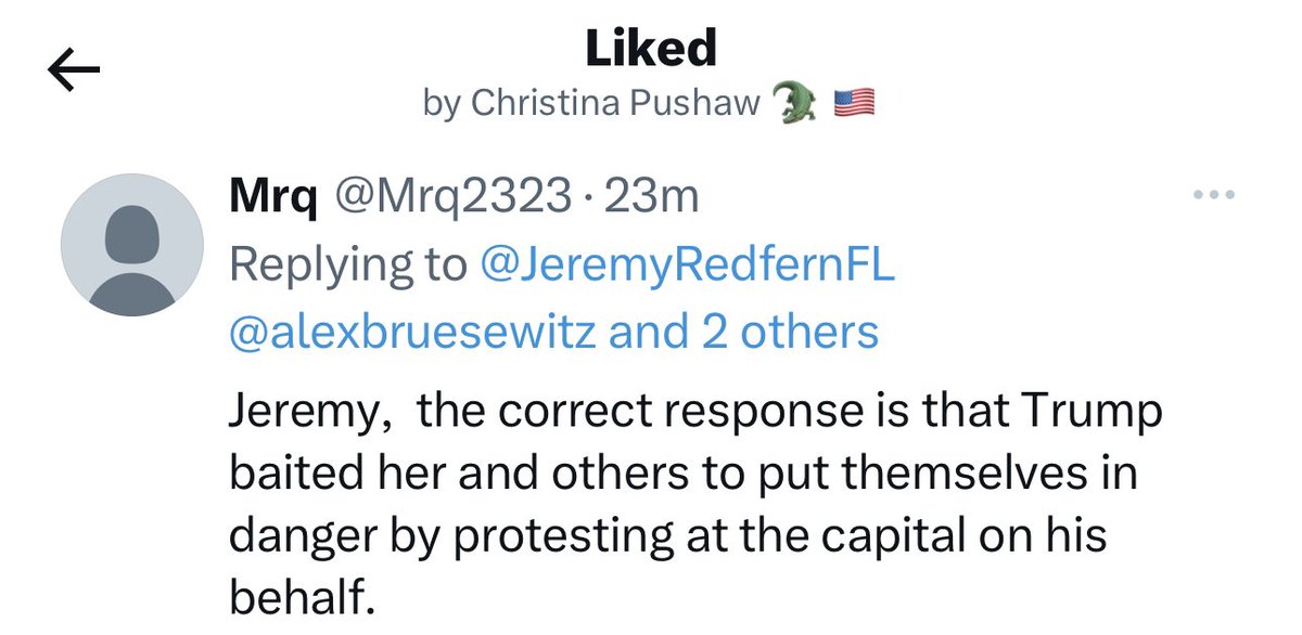 DeSantis spokeswoman @ChristinaPushaw just liked a tweet claiming that Trump baited Ashli Babbitt to the Capitol on J6 and is responsible for her being killed.

Team DeSantis has serious issues. The only person responsible for her death is the pos who shot her!