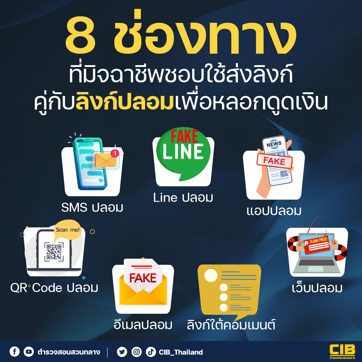 8 ช่องทาง ที่มิจฉาชีพชอบใช้คู่กับลิงก์ปลอมเพื่อหลอกดูดเงิน !!
ปัจจุบันมิจฉาชีพได้พยายามหาช่องทางส่งลิงก์ปลอมเพื่อขโมยข้อมูลส่วนตัวหรือดูดเงินในบัญชี
.
อ่านต่อด้านล่างเลยค่า 👇
.
ตำรวจสอบสวนกลาง (CIB)
มืออาชีพ เป็นกลาง เคียงข้างประชาชน
.
#เตือนภัย #ลิงก์ปลอม #ตำรวจสอบสวนกลาง #CIB