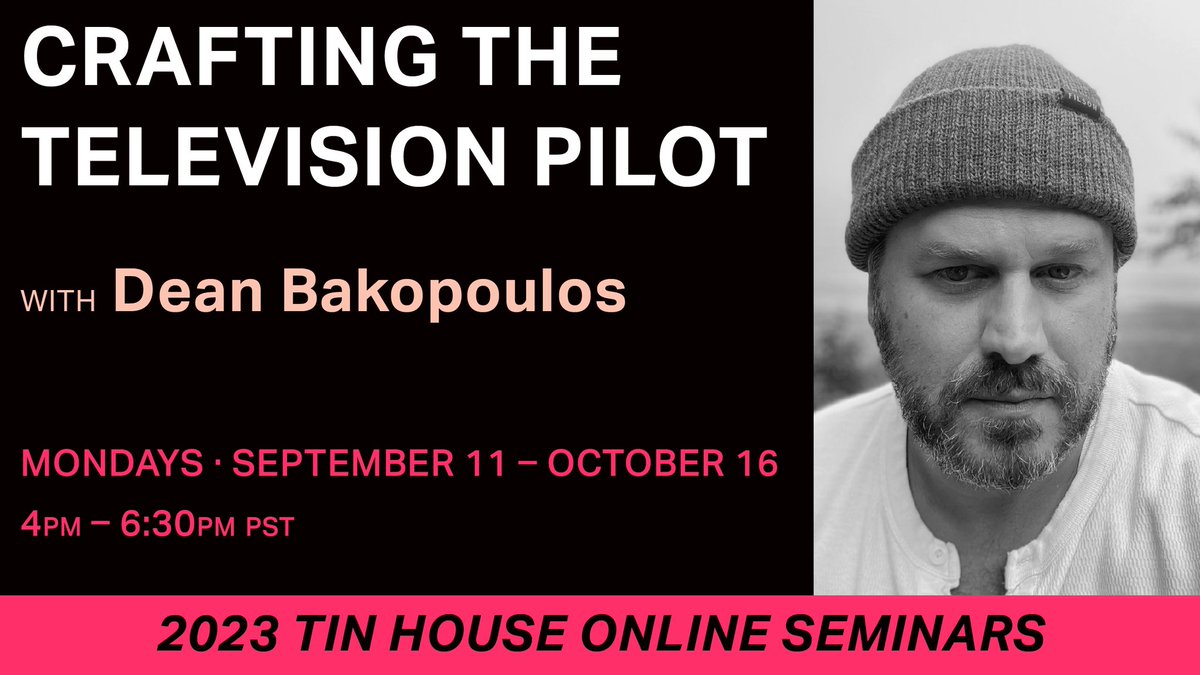 Interested in writing your first pilot script? I’ve made a lot of terrible mistakes so you don’t have to! Learn from/with me thanks to Tin House! Registration opens 6/29! tinhouse.com/workshop/semin…