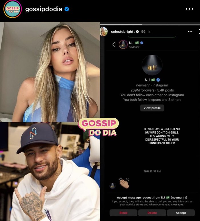 มีนางแบบคนนึงบอกว่าเนย์มาร์ได้ทักไอจีชีไปหลังจากที่ฮีได้โพสต์ไอจีขอโทษเมียตัวเองที่กำลังท้องอยู่ (ที่ตัวเองนอกใจ) 

และหลังจากนั้น 1 วันฮีทักไอจีนางแบบคนนี้ จริงปะเนี่ย ทำไมเป็นแบบนี้วะ ล้มแล้วล้มอีก 😩