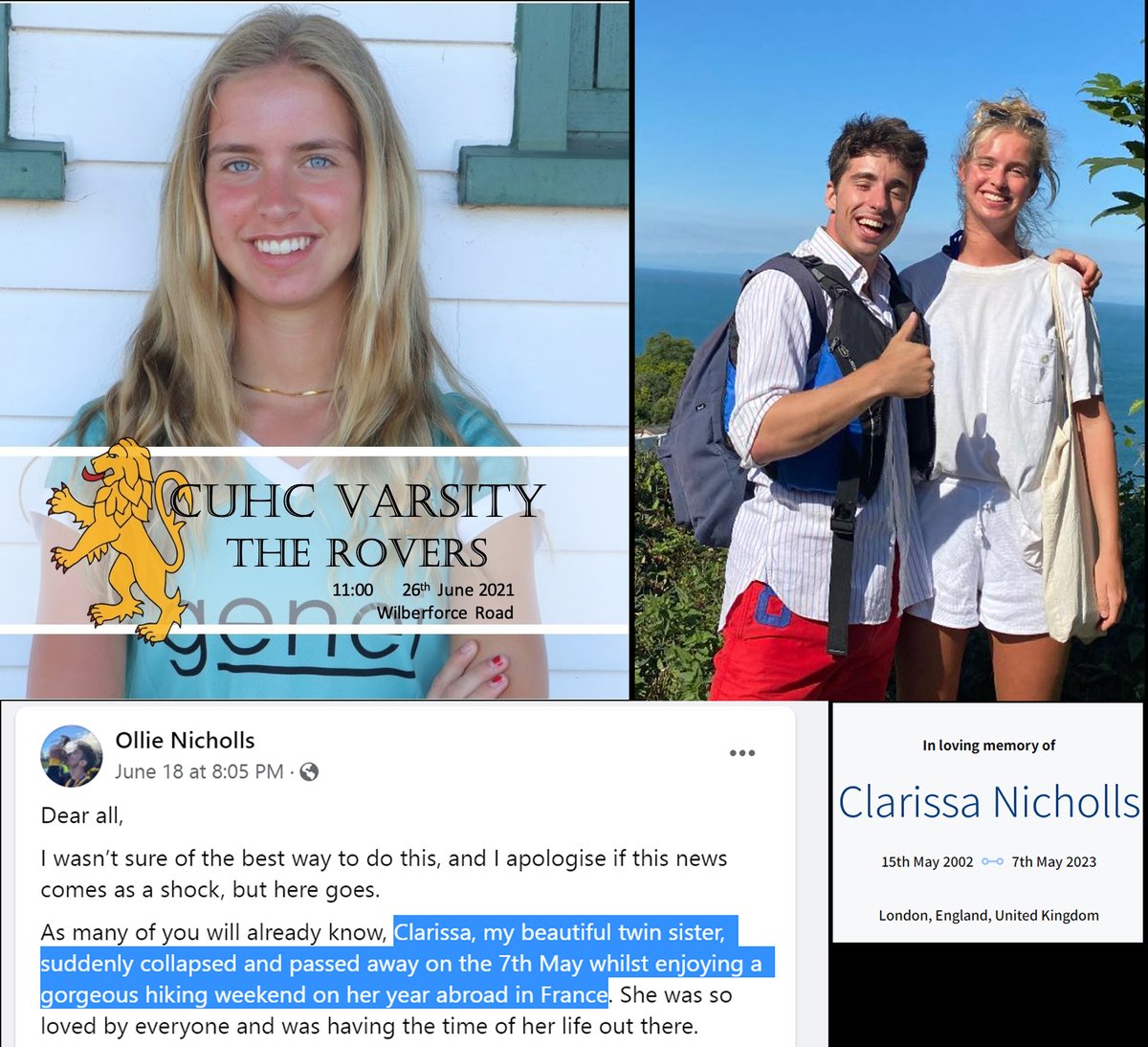London, UK - 20 yo Clarissa Nicholls collapsed & died suddenly from cardiac arrest on May 7, 2023 while hiking in France.

COVID-19 mRNA vaccines cause myocarditis in 1 in 30 people, women affected equally as men. 

⬆️ risk of sudden cardiac arrest

#DiedSuddenly #cdnpoli #ableg
