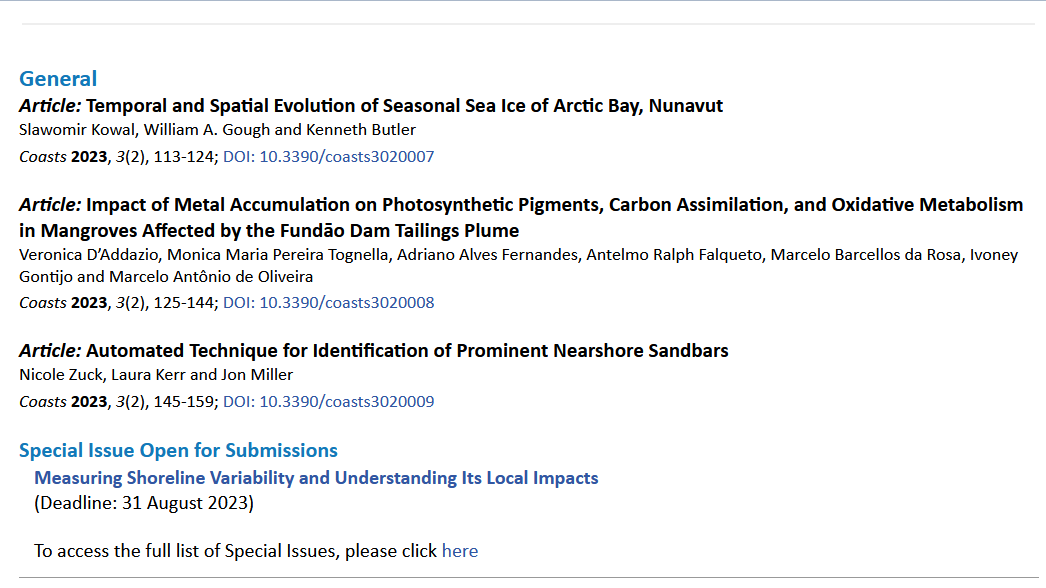 Coasts_MDPI's tweet image. Coasts, Volume 3, Issue 2 (June 2023) Released
mdpi.com/2673-964X/3/2?… #mdpicoasts via @Coasts_MDPI
#Sandbars
#Mangroves
#seaice in #ArcticBay