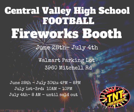 CVHawks_FBall's tweet image. If you’re in the Ceres area looking for fireworks head on over to the Walmart and support CV Football. It’s for the kids. #Walmart #GoCV #HawksFootball