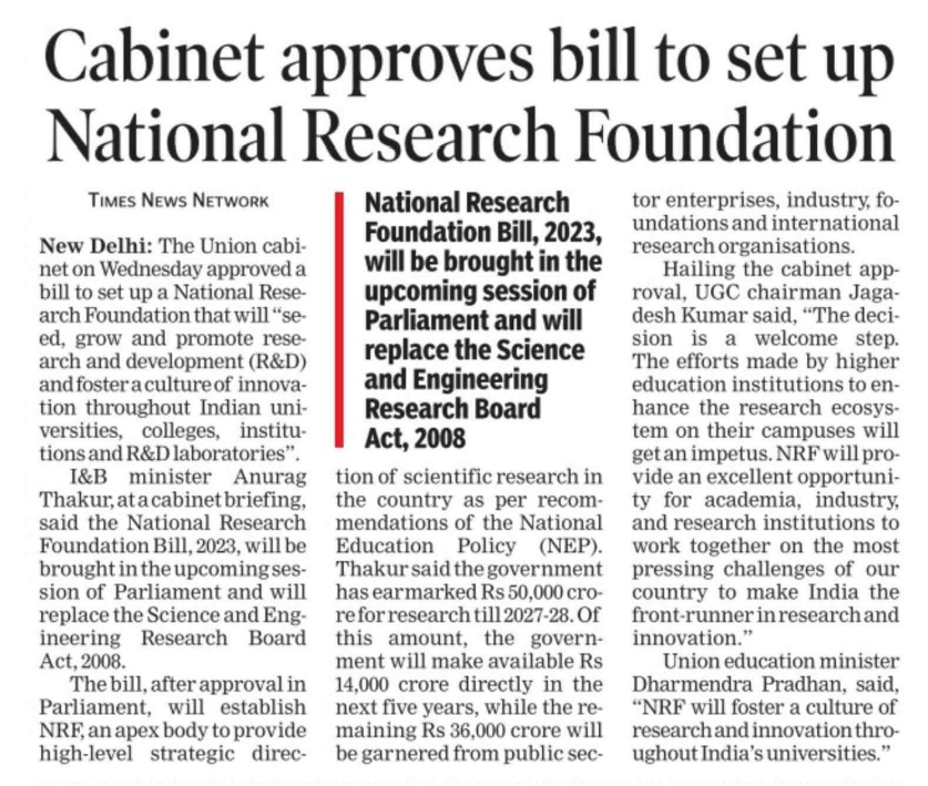 #Printcoverages on #Cabinet approval for introduction of National Research Foundation #NRF Bill 2023 in #Parliament. #CabinetDecisions 

<a href="/PMOIndia/">PMO India</a> <a href="/DrJitendraSingh/">Dr Jitendra Singh</a> <a href="/srivaric/">chandra Srivari</a> <a href="/guptaakhilesh63/">Dr Akhilesh Gupta</a> <a href="/serbonline/">SERB</a>