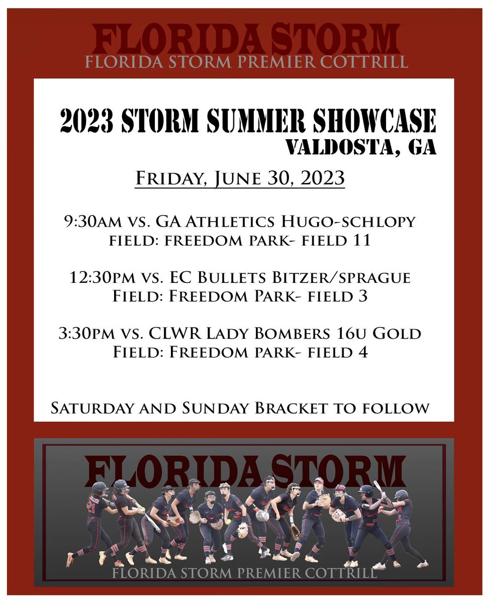 Florida Storm Premier Cottrill (@flstormcottrill) on Twitter photo We head to Valdosta this week to compete in the Storm Summer Showcase! <a href="/JaxSoftball/">Jax/Florida Storm Softball</a> <a href="/AlissaSmith12/">Alissa Smith</a> <a href="/AlissaCamps10/">Alissa Smith Softball Camps</a> <a href="/EASRecruiting/">Empowered Analytic Sports Recruiting</a> <a href="/bowey23/">Nikki Bowey</a> <a href="/CoastRecruits/">Coast 2 Coast Recruits</a> @Los_Stuff <a href="/D1Softball/">D1Softball</a> #stormnation #keepworking #getrecruited #letsgo We head to Valdosta this week to compete in the Storm Summer Showcase! <a href="/JaxSoftball/">Jax/Florida Storm Softball</a> <a href="/AlissaSmith12/">Alissa Smith</a> <a href="/AlissaCamps10/">Alissa Smith Softball Camps</a> <a href="/EASRecruiting/">Empowered Analytic Sports Recruiting</a> <a href="/bowey23/">Nikki Bowey</a> <a href="/CoastRecruits/">Coast 2 Coast Recruits</a> @Los_Stuff <a href="/D1Softball/">D1Softball</a> #stormnation #keepworking #getrecruited #letsgo