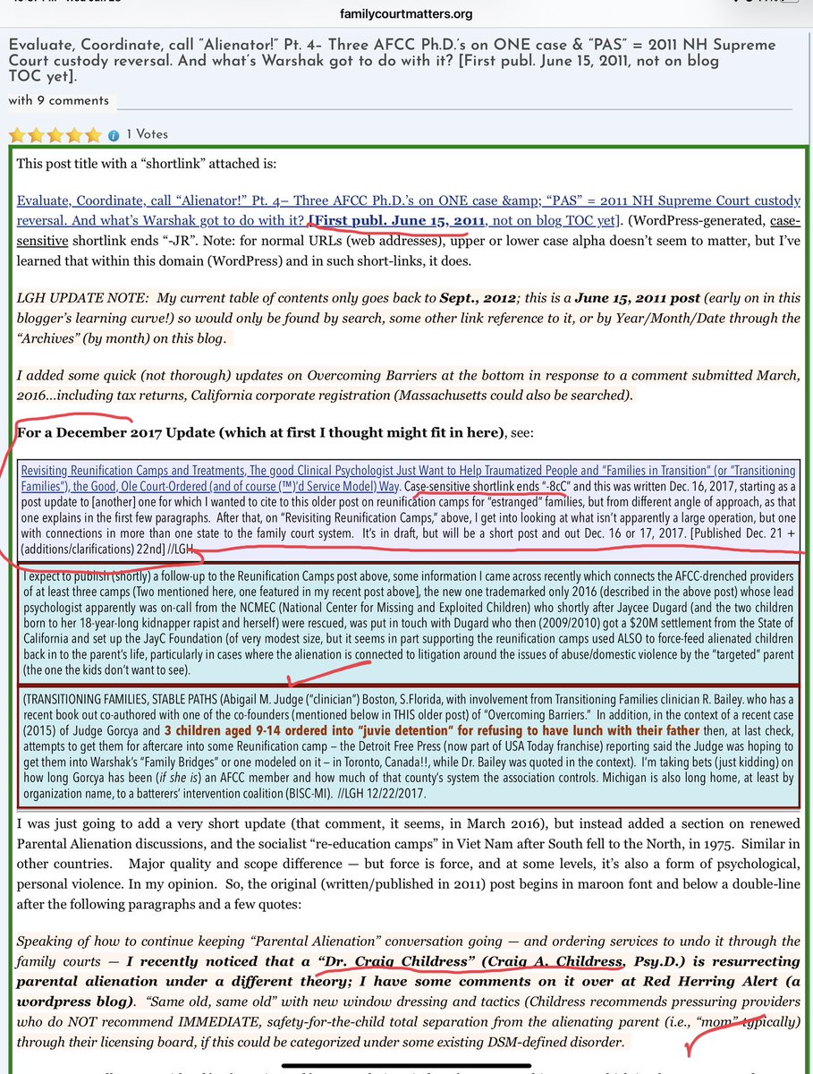 LetUsGetHonest's tweet photo. See recent tweets & threads (last 2-3 days) on this theme.
@realsarahvernon @ProtectParents @Inspectorforyou @julieholburn #ReunificationCamps (History) #FollowTheMoney #AFCCMembers in Action (observed many years ago).
June 15, 2011 post, or https://t.co/ttNV43fgyy, (“Evaluate, Coordinate and Call “Alienate” Pt. 4” a.k.a. “Three AFCC PhD’s on one case + PAS”).
#OvercomingBarriers (incl. its early tax returns and reviews)
#MAAFCC (Massachusetts AFCC early documents).
I searched “overcoming barriers” on my blog to find this and one other. There were comments below (and tags), don’t for get to read them. For how long ago this was, I remember how odd it was to see one AFCC member call in the others on a single case (in New Hampshire?). RichardWarshak is in there, Craig Childress, Demosthenes Lorandos, (William Bernet of course), and if you’re patient, you’ll get some of the sarcasm, like:
“What is the personality disorder of individuals who need to develop specialized jargon for labeling all other individuals? Someone needs to develop this taxonomy (make it sound academic; this shouldn’t be to hard with a little practice; make sure to adopt a detached, objective tone before letting loose with a string of names to describe people who may not see the world as you do…).”