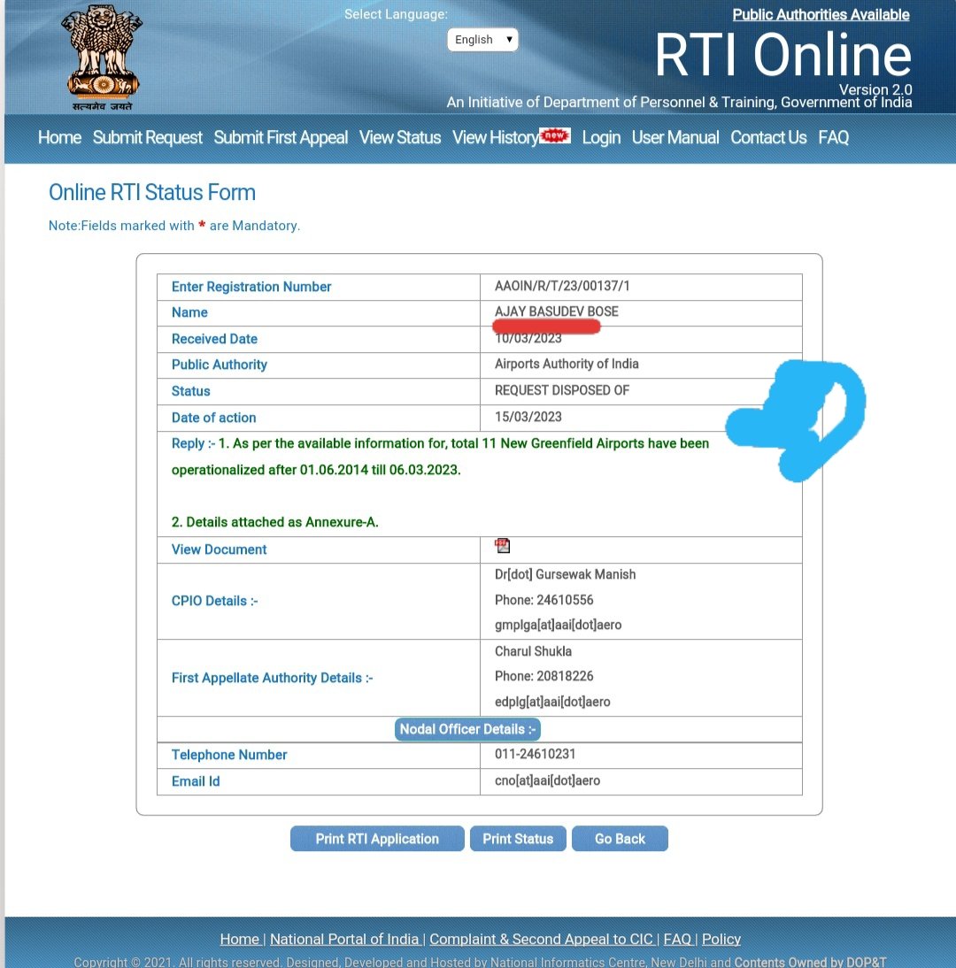 AjayBos93388306's tweet photo. @sidd_sharma01 My RTI reply received from Airports Authority of India Ministry of Civil Aviation reveals only 11 ( Eleven) New Greenfield Airports Constructed by Modi Government in last 9 yrs &amp; Not 74 as being claimed by Modiji in this Video https://t.co/SY23Kae4Ab