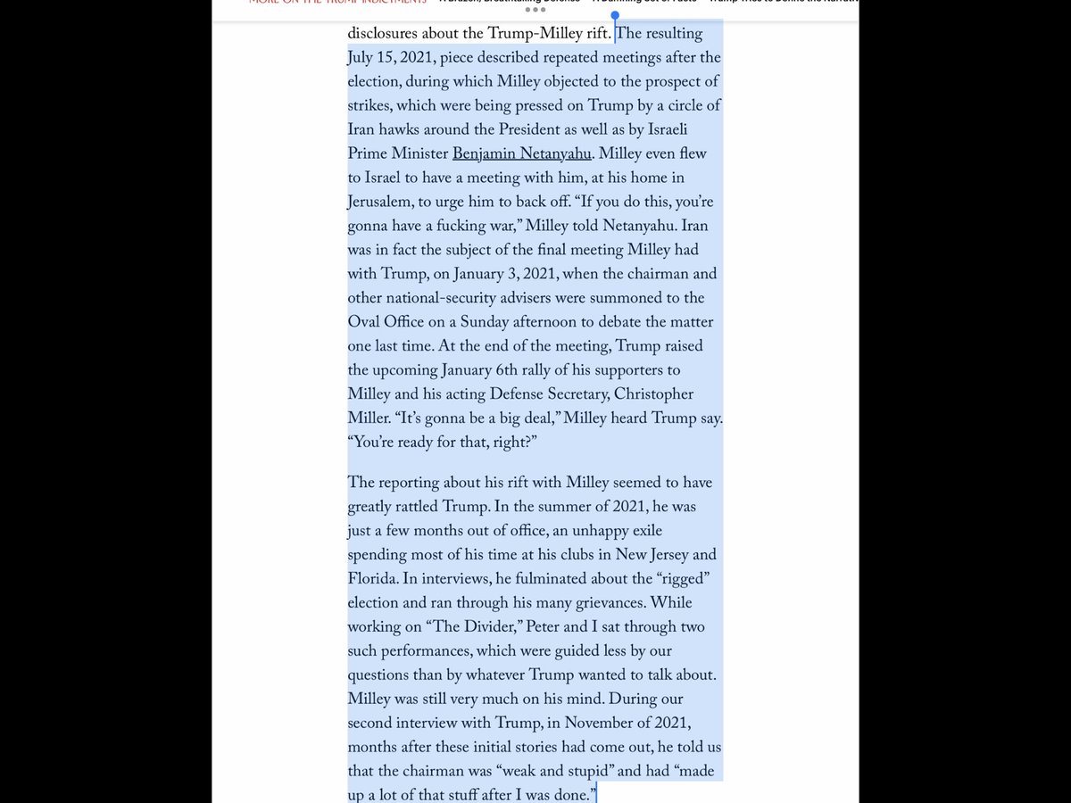 lrozen's tweet photo. 🧵The 7/2021 “piece described repeated meetings after the election, during which Milley objected to the prospect of strikes, which were being pressed on Trump by a circle of Iran hawks around [him] as well as by Israeli PM Netanyahu. https://t.co/cq93II8XRz https://t.co/Hgx93cIUEA