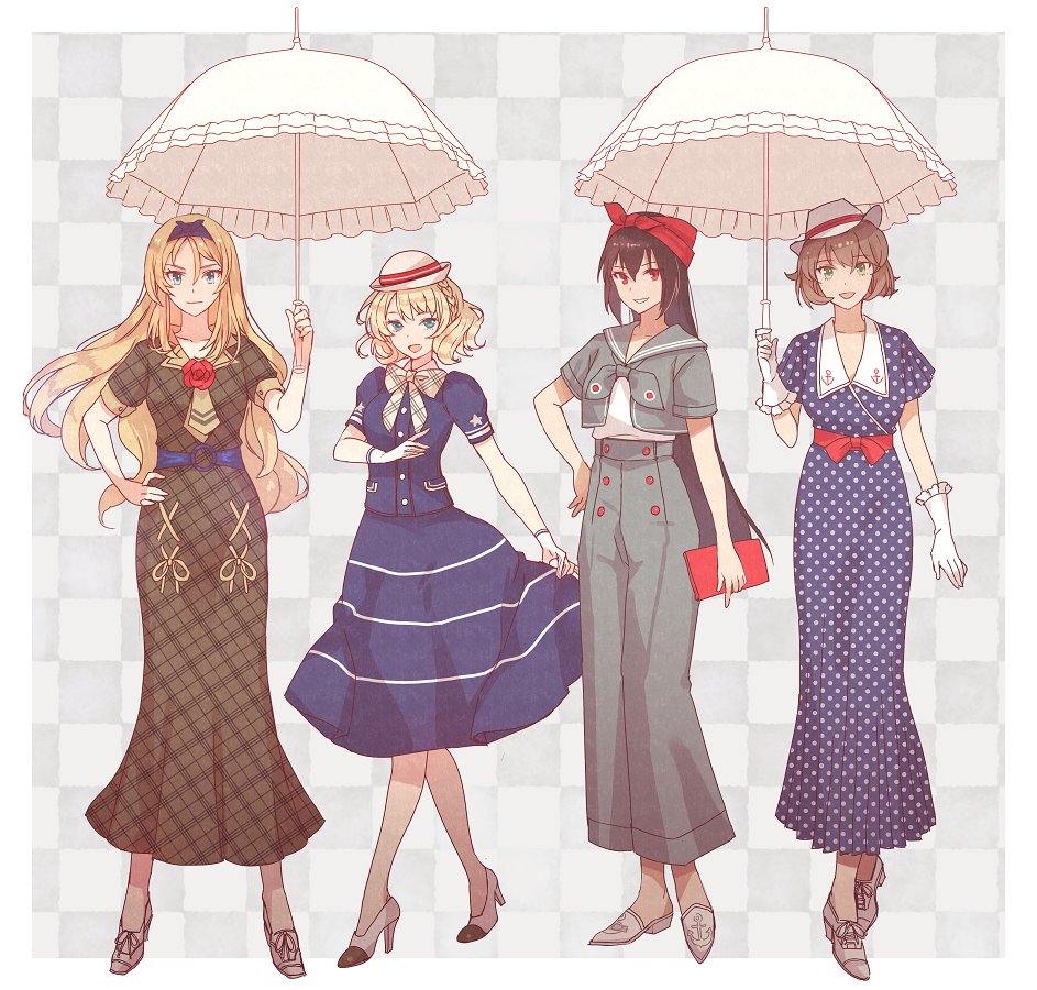 colorado (kancolle) ,mutsu (kancolle) ,nagato (kancolle) ,nelson (kancolle) 4girls umbrella long hair dress blonde hair short hair multiple girls  illustration images