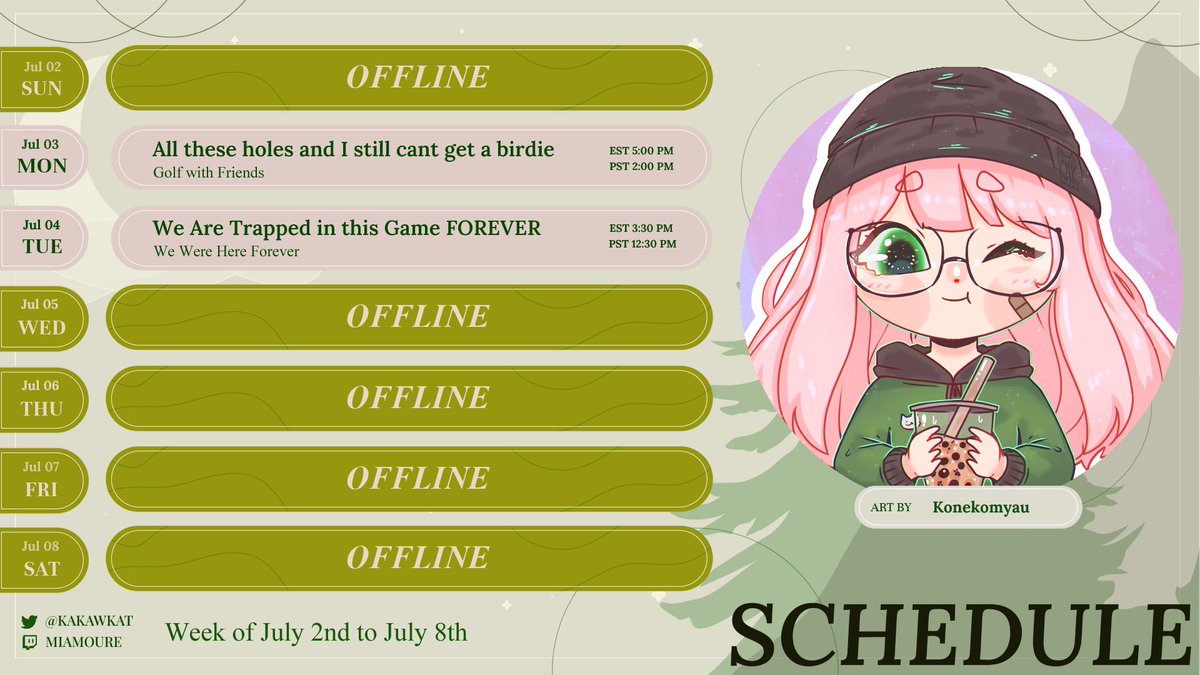 ๐ธ M i a ๐ธ || ๐ณ๏ธโ๐ Redebut Spring 2025 (@miamourettv) on Twitter photo Schedule for Next week! I think I actualy got it all right for once too. Collab Monday with <a href="/kr33pshow/">kreep</a> <a href="/ViLEbeach/">ViLEpeach</a> and <a href="/CookiesSniff/">I-SNIFF-COOKIES</a> and THEN #twosgay with the wife <a href="/EnokiCreep/">๐Creeps๐ || Goblin Vtuber || COMMISSIONS OPEN!!</a>. Hope to see you then! #VTuberUprising #Vtuber #schedule Schedule for Next week! I think I actualy got it all right for once too. Collab Monday with <a href="/kr33pshow/">kreep</a> <a href="/ViLEbeach/">ViLEpeach</a> and <a href="/CookiesSniff/">I-SNIFF-COOKIES</a> and THEN #twosgay with the wife <a href="/EnokiCreep/">๐Creeps๐ || Goblin Vtuber || COMMISSIONS OPEN!!</a>. Hope to see you then! #VTuberUprising #Vtuber #schedule