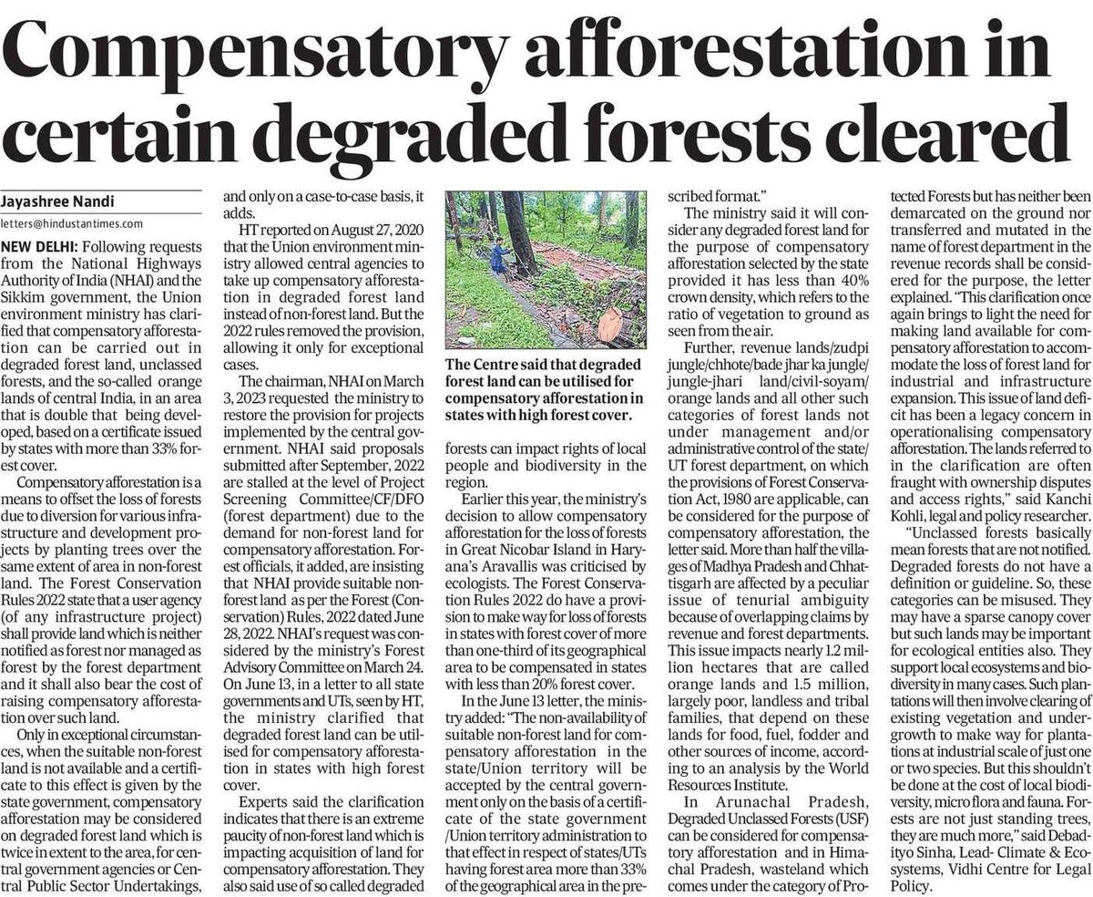 jayashreenandi's tweet photo. Env min clarifies infra projs in states with high #forest cover over 33% can take up #compensatoryafforestation in degraded forests, unclassed forests, orange lands. How will clearing so called degraded forests to create plantations impact ecology and people's rights? https://t.co/7KD1gR7AzO