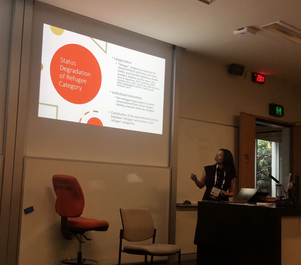 Asymmetries panel continues with @Nat_Shri and Michelle Brown on categorisation, status degradation and negotiation in refugee’s storytelling and institutional talk #icca2023