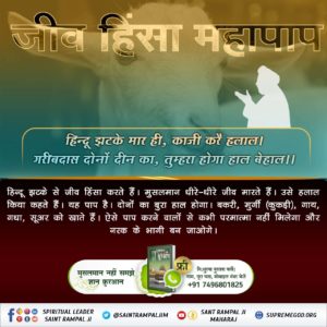 #मांस_खाना_हराम
कबीर, मुसलमान मारे करद सो, हिंदू मारे तलवार।
कहे कबीर दोनूं मिलि, जेहें यम द्वार।।

कबीर साहेब जी ने कहा है कि, मुसलमान हों या हिंदू जो बेजुबान जीवों को करद, तलवार आदि से बेरहमी से काटकर उनका मांस खाते हैं, वह मृत्यु पश्चात नर्क में डालें जाएंगे। चाहे वो किसी भी