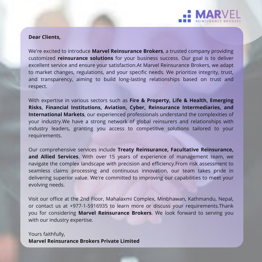 Introducing Marvel Reinsurance Brokers: Your Customized Reinsurance Solutions!
#reinsurance #brokers #reinsurancebrokers #marvelreinsurancebrokers #insurance #treatyreinsurance #facultativereinsurance #alliedservices #reinsurancesolutions