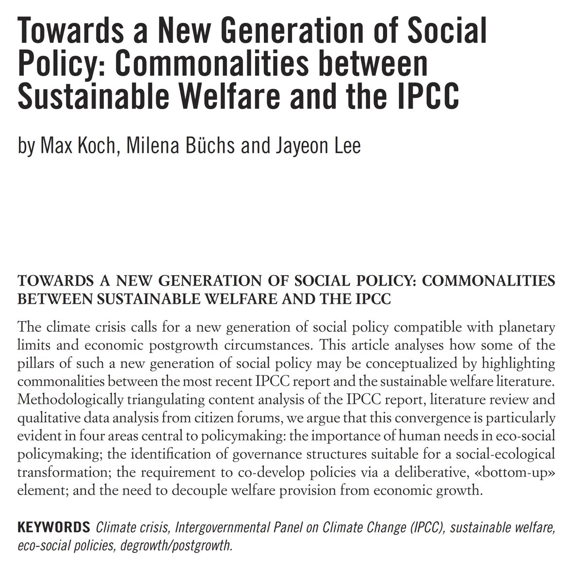 Interested in #sustainable #welfare? A new article by @ProfMaxKoch1, @mmbuchs and Jayeon Lee explores the foundations of a new generation of social policy compatible with planetary limits and #postgrowth economy.

🔓The article is available #OpenAccess!
👇
rivisteweb.it/doi/10.7389/10…