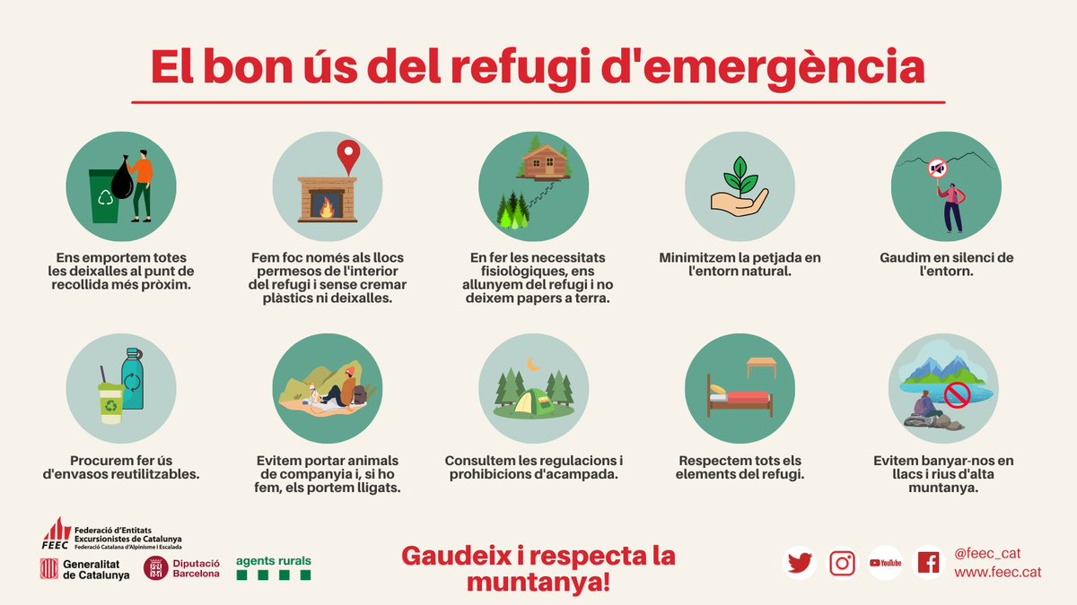 Coneixes els refugis d'emergència? ⛰️

T'expliquem quina és la normativa i com s'han d'utilitzar en aquest decàleg. 

Gaudeix i sent la muntanya amb respecta 🌱

➕ INFO ➡️bit.ly/3Nv8RHQ

#sentlamuntanya #sommuntanya #refugisfeec