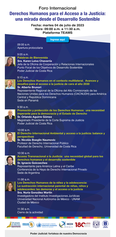 🎙️🌎El próximo martes, 4 de julio, de 9:00 a.m. a 11:30 a.m (Costa Rica, UTC-6), se llevará a cabo el Foro Internacional “Derechos Humanos para el Acceso a la Justicia: una mirada desde el Desarrollo Sostenible”!

💻Para participar virtualmente: bit.ly/3psqLmw