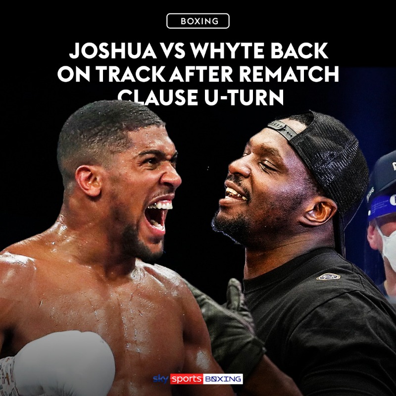 SkySportsBoxing's tweet photo. BREAKING: Negotiations for the rematch between Anthony Joshua and Dillian Whyte are back on track after Joshua's team agreed to remove their late requested rematch clause. 🚨