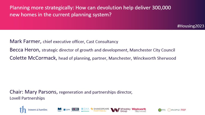 Learn about how devolution can help deliver 300,000 new homes in the current planning system at 10:15 in the Future of Living theatre. Mary Parsons @Lovell_UK, Becca Heron @ManCityCouncil, Colette McCormack @WS_Law and Mark Farmer @Castconsultancy #Housing2023