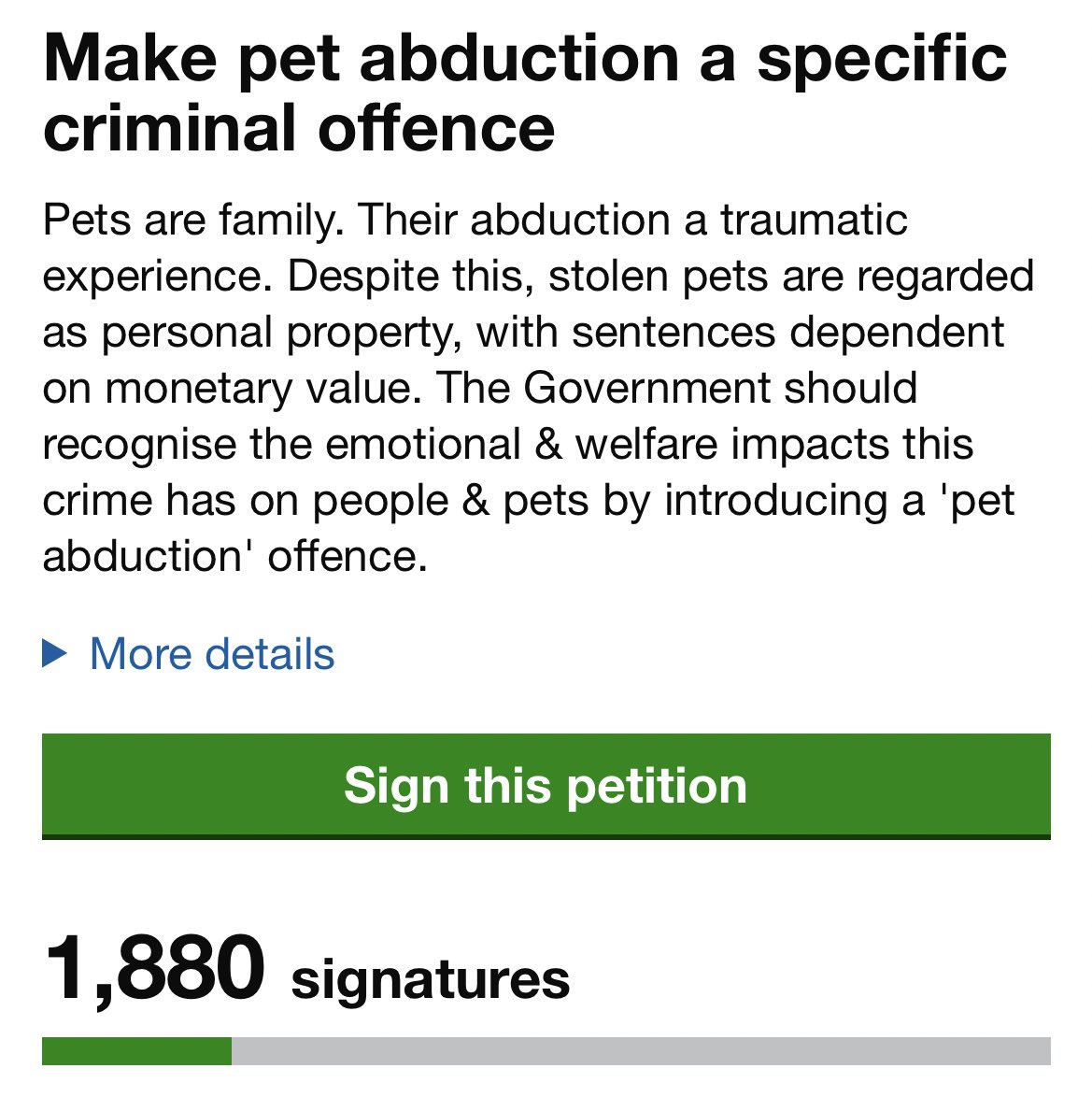 Dr_Dan_1's tweet image. We’re at 1,880 signatures at the start of day 2. THANK YOU. If you agree that #PetsAreFamily and want to see ‘pet abduction’ as a specific criminal offence, this petition is for you and your pets 🐾 Please SIGN &amp;amp; RT petition.parliament.uk/petitions/6401…