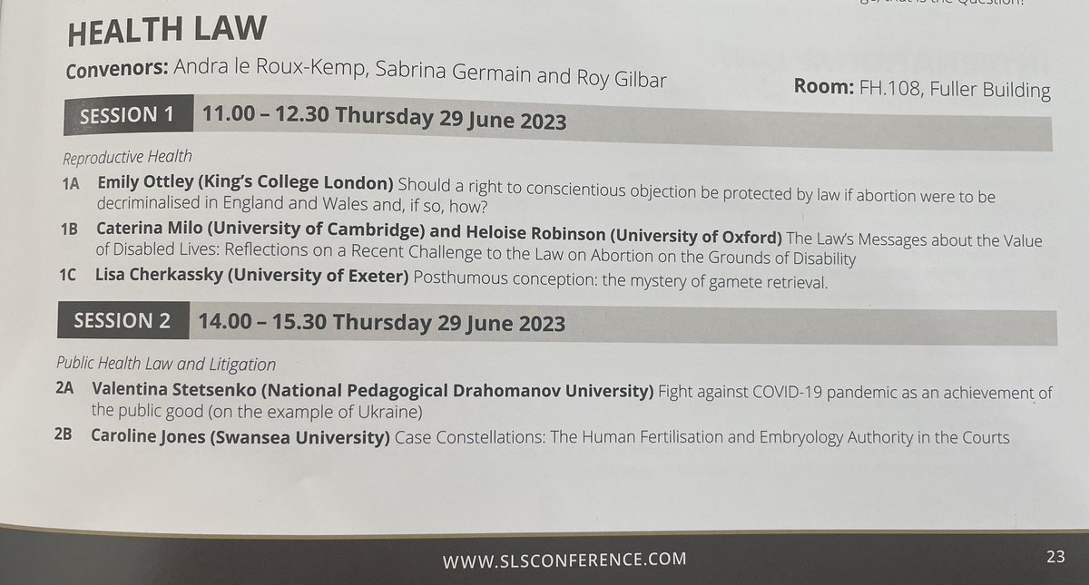 Looking forward to spending today with the #HealthLaw subject section members, presenters, and attendees @SLSConference. We are have a stellar programme lined up for the second last day of #SLSBrookes23. (@sabrinakgermain & @SLS_HealthLaw)