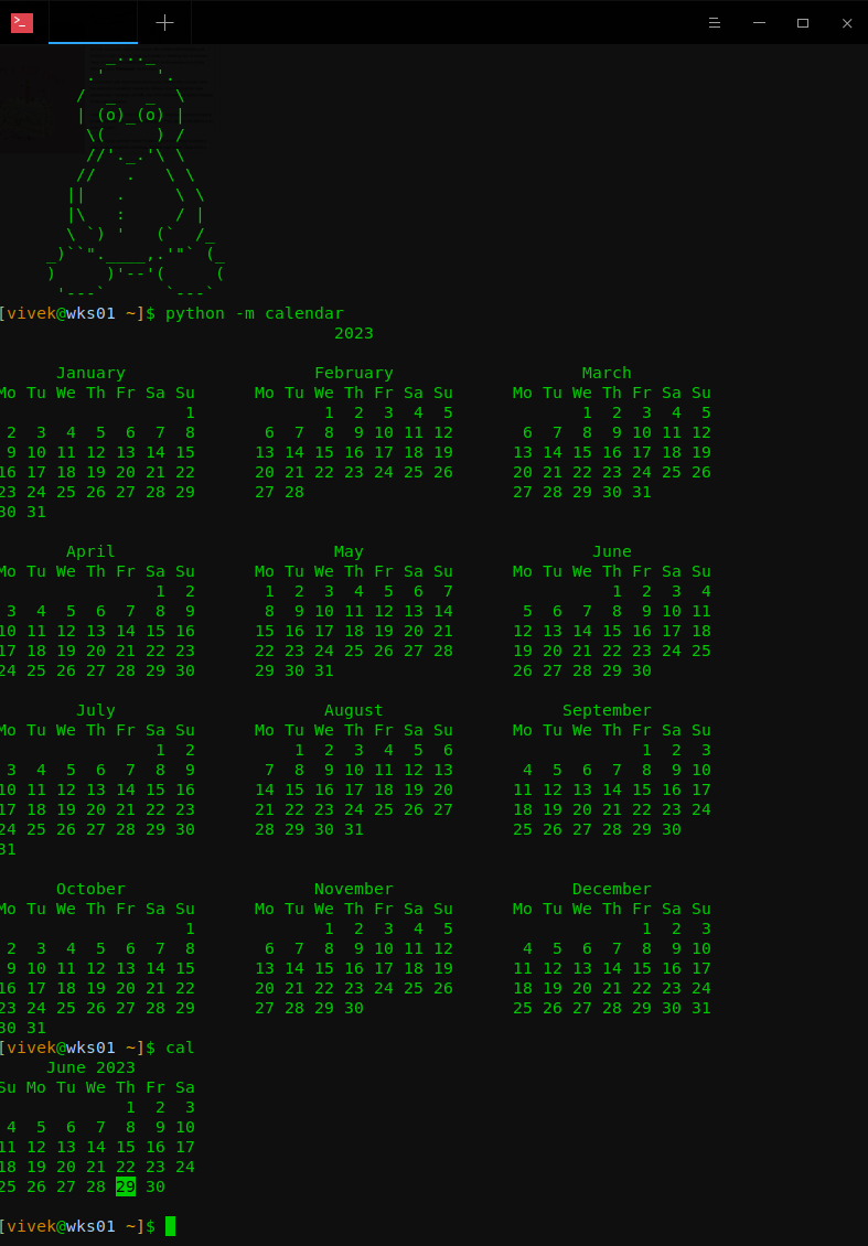 nixcraft's tweet photo. 01. Open your #Linux, #macOS or #FreeBSD terminal

02. Type the following:
python -m calendar
## or ##
cal 

03. Enjoy! https://t.co/2irzxqtOcY