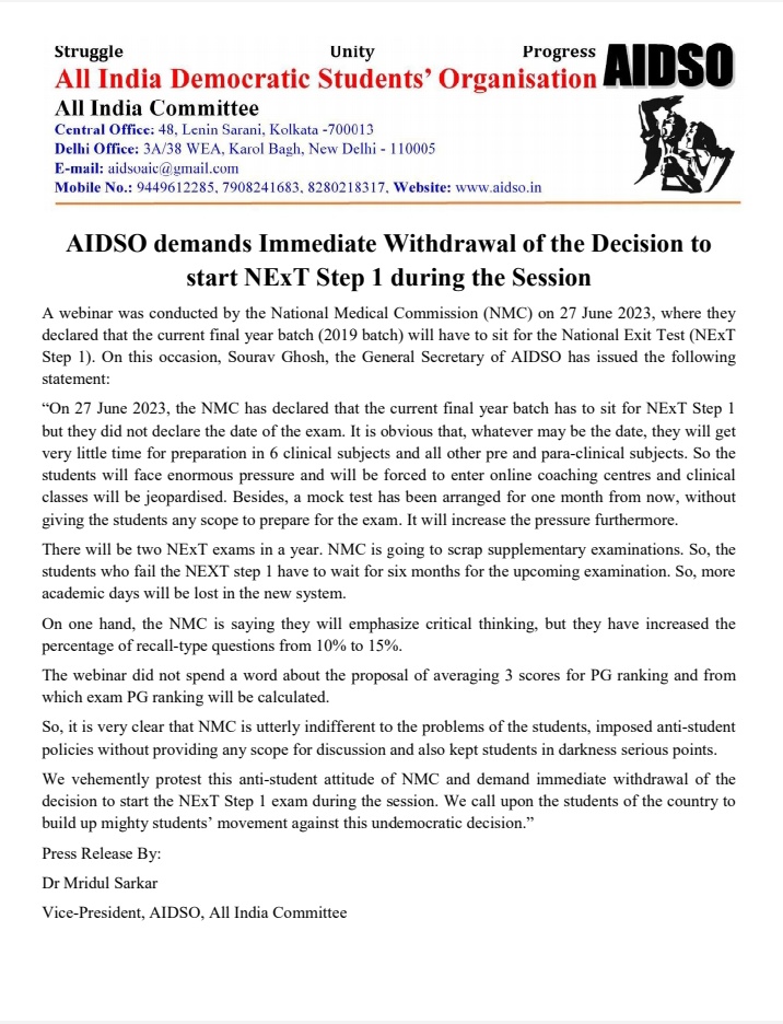 Indian__doctor's tweet photo. Forcefully Imposing #NEXT on unmatched Curriculum Batches are Worst Idea of @NMC_IND !
Sudden change will just result in mental harassment among Students,who are preparing like Subj+obj pattern !

AIDSO demands withdrawal of decisions to start Next -1
@PMOIndia @mansukhmandviya https://t.co/DAZ7drGJlQ