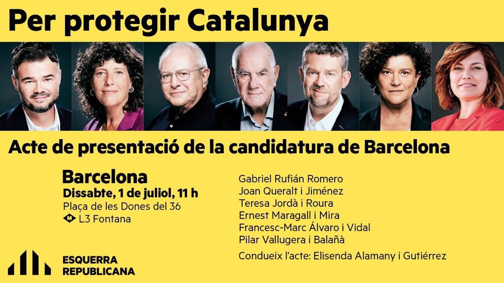 ERCbcn's tweet photo. 🟡 Aquest dissabte vine a l'acte de presentació de la candidatura de Barcelona pel #23J

🕚 11h
📍 Plaça de les Dones del 36 

✊ Protegim Catalunya, protegim #Barcelona! https://t.co/fiLAd1V3xN