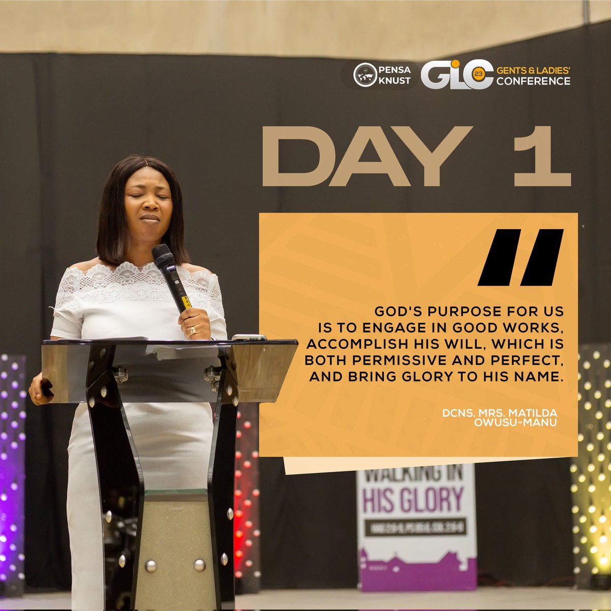PENSAKNUST1's tweet photo. God's purpose for us is to engage in good works,accomplish His will,which is both permissive and perfect, and bring glory to Hos name.
~Dcns. Mrs. Matilda Owusu-Manu
#GLC23
#AGloriousMasterPiece
#EquippedForMaximumImpact https://t.co/y9GsY6vqjn