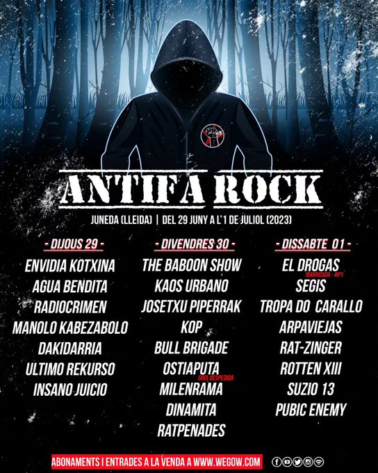 Una nova edició de l'<a href="/AntifaRockJunda/">Antifa Rock Juneda</a> tindrà lloc aquest cap de setmana, entre els dies 29 de juny i 1 de juliol. #antifarock 

El Drogas, Segismundo Toxicómano, Josetxu Piperrak, KOP, Agua Bendita, Arpaviejas, entre molts altres artistes, formen el cartell d'aquesta nova edició.