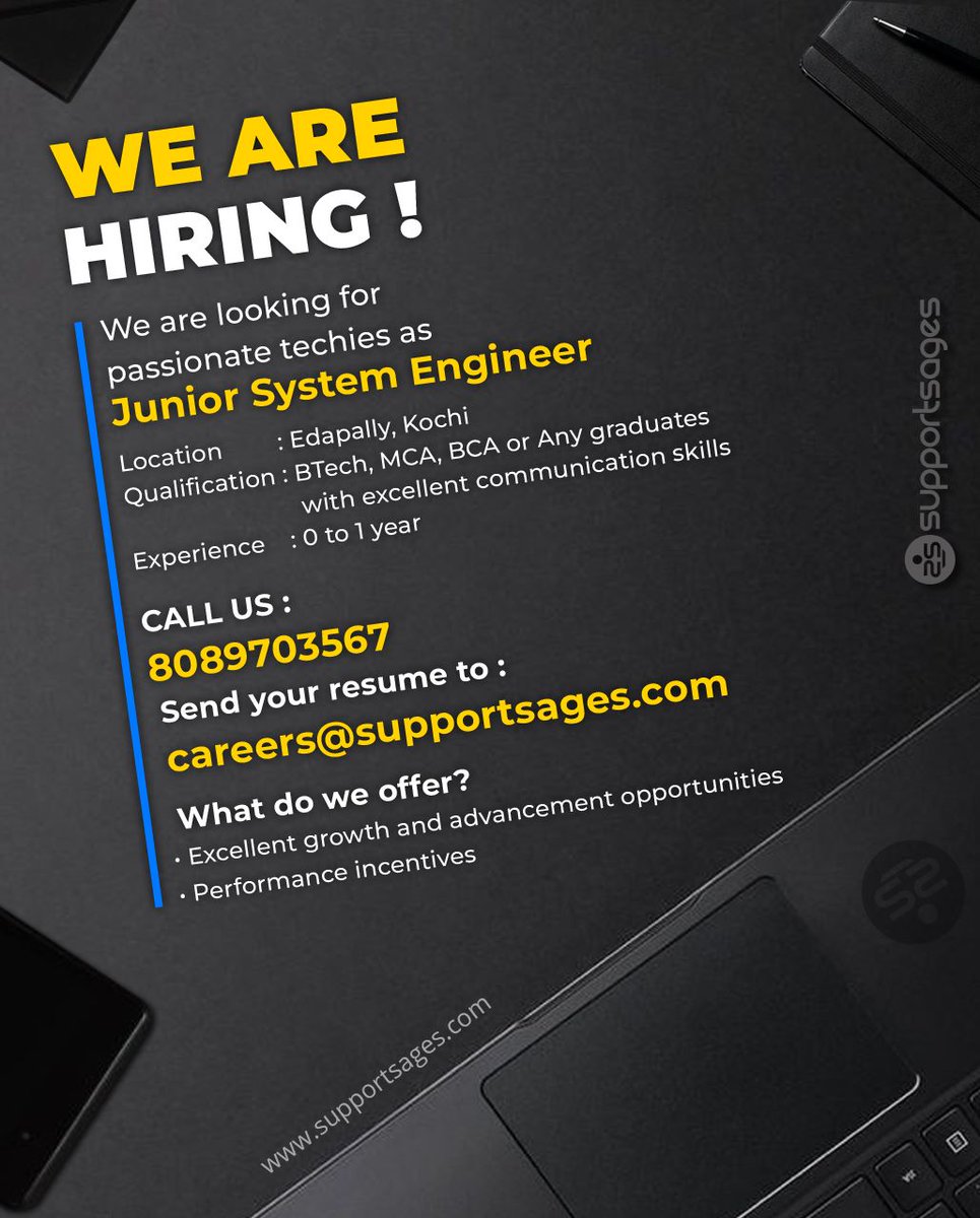 🌟 Exciting Opportunity Alert! Supportsages is Hiring techies as junior system engineer candidates for Kochi Location! 🌟

Call us : 8089703567

Send your CV:  careers@supportsages.com

.

.

.

.

#juniorsystemengineer #hiringalert #jobopportunity #systemengineer