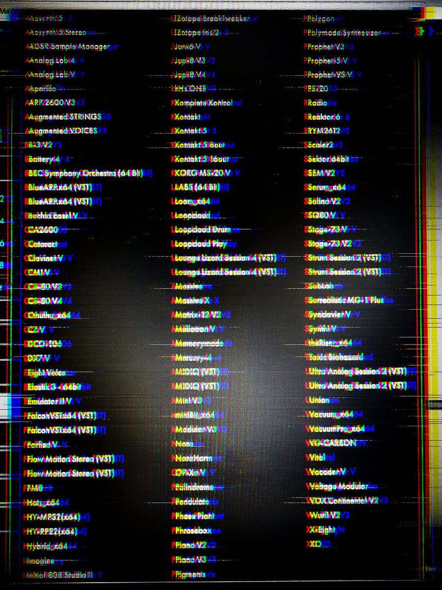 List of all my software synthesizers, samplers, rompers, sequencers, & arps. This makes me feel warm & fuzzy.  🎹  💀⚡️ 🖤 🎶  

#ElectronicMusic #ComputerMusic #composer #artist #Industrial #IndustrialMusic #ExperimentalMusic #PowerNoise #EBM #Synth #Synthesizers #SynthMusic