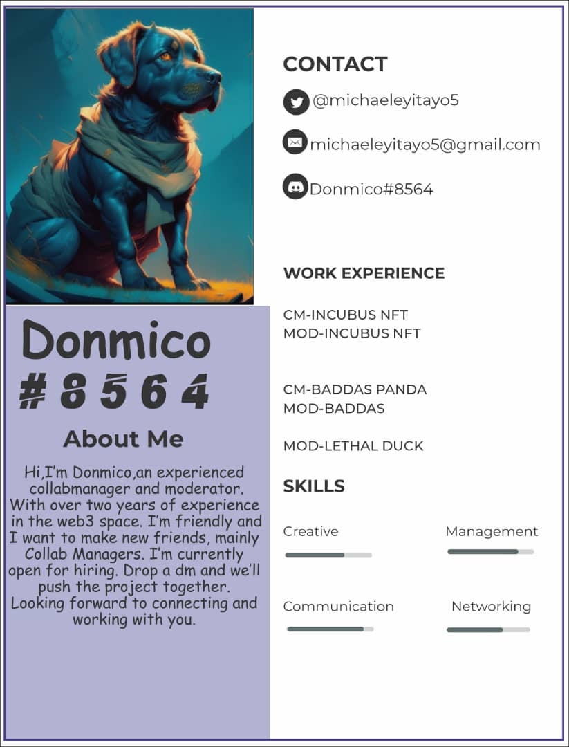 Donmico's tweet image. It&apos;s a new day!

Looking for an experienced Discord moderator and Collab Manager? Hmu Dms. 

Looking forward to work with you.
#web3jobs #collab #collabmanagers #Discord #Solana #solananft #EthereumNFTs #EthereumNFT #developers #hiring