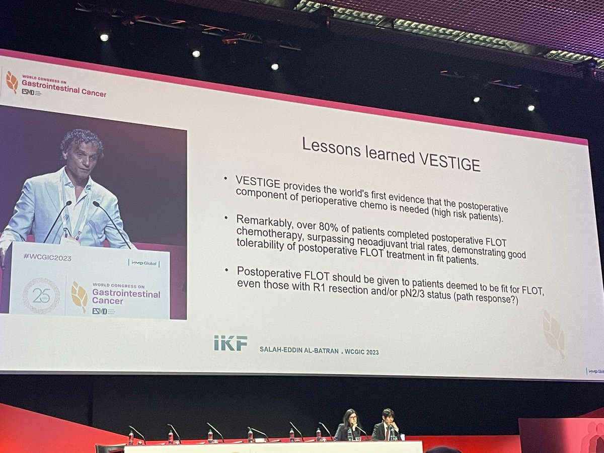 The great Dr Al-Batran discuses Vestige trial results (adj FLOT vs Ipi/Nivo in pN+/R1 gastro-oesophageal adeno) at #WCGIC2023. Most important learning point from this negative trial: postop FLOT should be given to pts with pN+/R1 in resection specimen >> much better DFS.