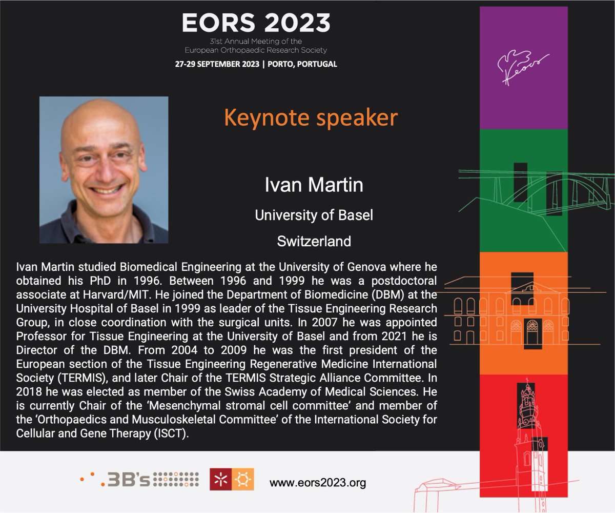 📢 Meet the Keynote speakers!

🧑‍🏫 Prof Ivan Martin @UniBasel_en 
His work focuses on the development of cartilage and bone/bone marrow tissues by repairing cartilage defects of traumatic or degenerative nature using grafts engineered from autologous cells.
