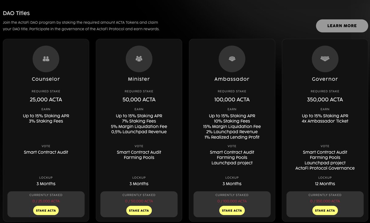 ActaFi DAO Program allows you to earn rewards of ecosystem fees within the ActaFi Ecosystem!

Stake the required amount of ACTA and Claim your title now!

youtube.com/watch?v=NqheLX…

#DAO #AVAX #Avalanche @traderjoe_xyz <a href="/pangolindex/">Pangolin (PangoPerps is out!)</a> #DeFi
