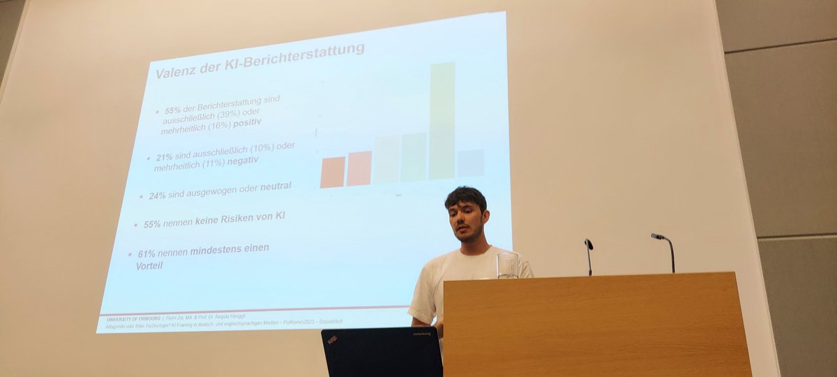 Panel 2 'KI im öffentlichen & wissenschaftlichen Diskurs startet mit @FlorinZai @unifr mit dem Befund, dass überwiegend positiv über KI berichtet wurde (D, CH, USA, UK, 2020-2022). Was sagt wohl @_MeMoKI dazu?