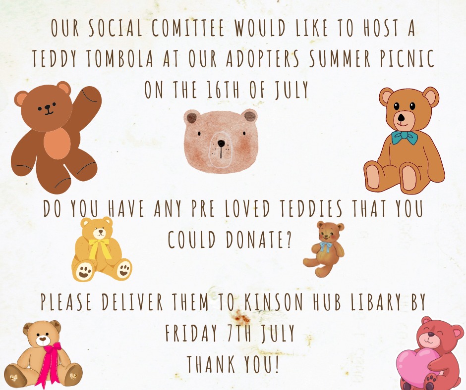 AspireAdoption's tweet photo. We need your support!

Do you have any Teddies that you could donate for our Teddy Tombola? 🧸🧸🧸🧸 https://t.co/654BujVKKr