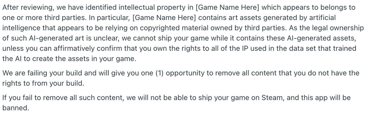 PSA: Valve has been quietly banning newly submitted Steam games using AI-created art assets - if submitters can't prove they have rights for the assets used to train the algorithms: reddit.com/r/aigamedev/co…