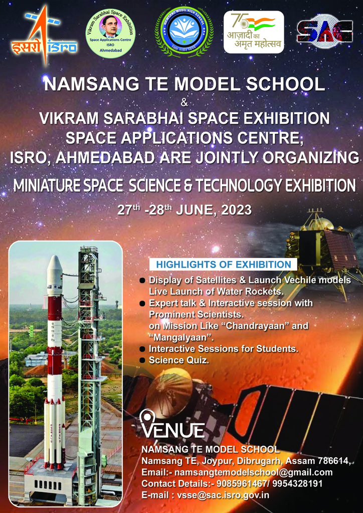 Samagra_Assam's tweet photo. #Update | Namsang TG Model school and Vikram Sarabhai Space Exhibition, Space Application Centre ISRO Ahmedabad jointly organised a Miniature Space Science &amp; Technology Exhibition on June 27 &amp; 28, 2023 at Namsang TG Model School, Dibrugarh, Assam. https://t.co/oRV1hj4ihu