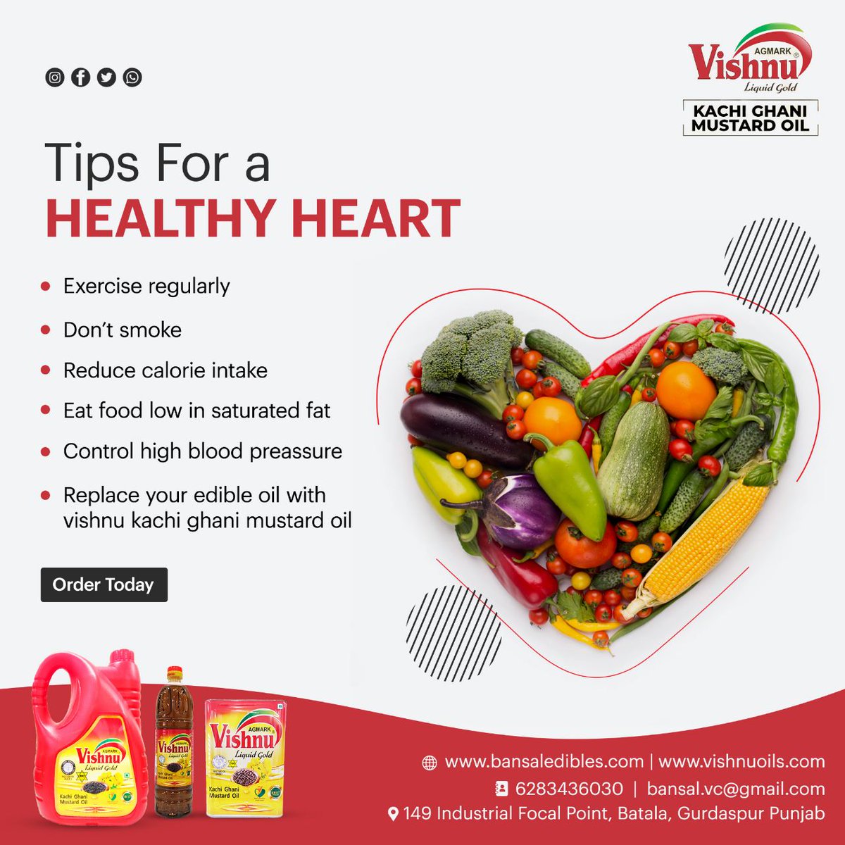 Tips For A Healthy Heart!

Contact Us: +91 98146 45608
Email: info@vishnuoils.com
Visit Now: vishnuoils.com

#vishnuoils #freshness #own #kachighanimustardoil #food #keep #foryou #balancediet #cook #healthyheart #tips #days #oils #for #omega3 #products