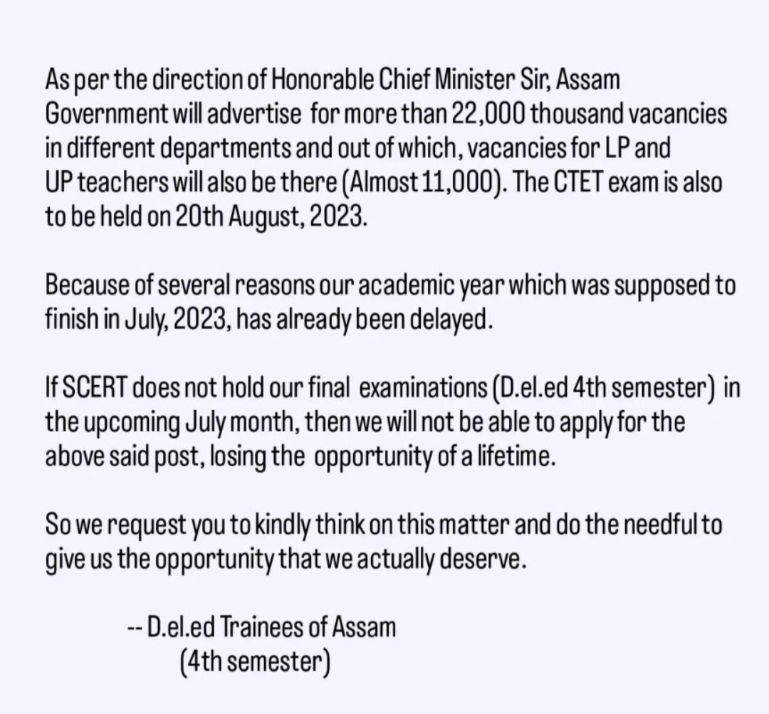 RoseBorah263396's tweet photo. Conduct our exams (SCERT, D.el.ed 4th Semester, Final Examination) in July-August otherwise we'll lose a lifetime opportunity or opportunity to apply for upcoming recruitment.

@himantabiswa

@ranojpeguassam

@CMOfficeAssam

#SCERTassam
#Deledassam
#SCERT
#examinjuly https://t.co/vWsAhReIl7