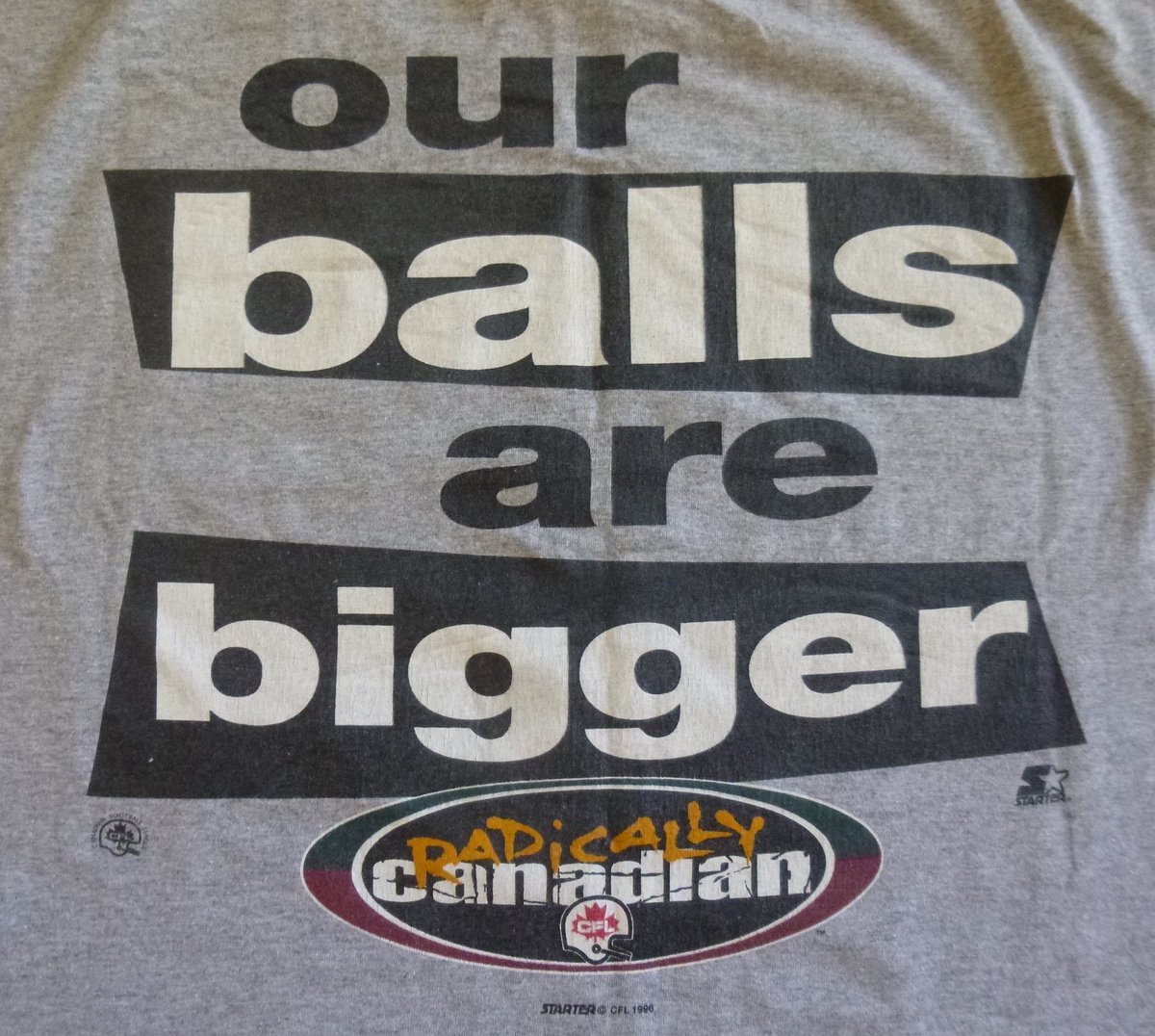 The_Big_P's tweet photo. 1996 #CFL Marketing Campaign
#RadicallyCanadian π
#OurBallsAreBigger
These were different times. The slogan, the merchandise. The league wanted to promote itself & differentiate from our American neighbours. Would love to see another initiative!
How can we market & grow our league? Not just internationally but within #Canada as well. I think something like this (but less risquΓ©) could help produce exposure, conversations, & butts in the seats. What do you think?
#ViewsFromB2 π¨π¦π