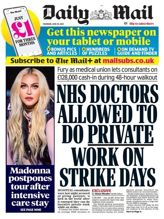 Day 2 of the Daily Mail going hard on consultants earning £128k a year to *literally* save lives. 

Can't wait to see what their once a week £1m a year new columnist who disgraced parliament and broke acoba rules to take the job thinks...

#KayBurley
#BBCBreakfast 
#ToriesOut357