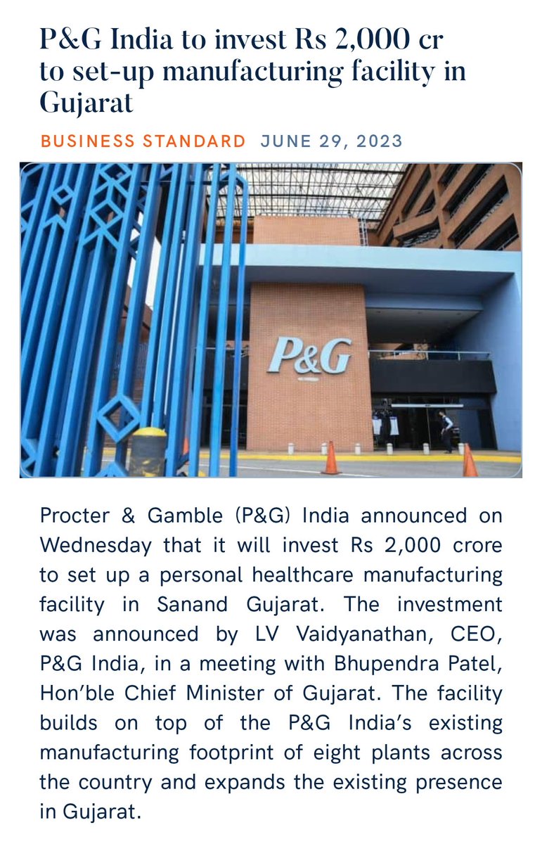 zahidpatka's tweet photo. #ModiHaiTohMumkinHai
Kudos PM @narendramodi Ji Govt
#MakeInIndia #MakeForWolrd
P&G India to invest Rs 2,000 cr to set-up manufacturing facility in Gujarat With the new state-of-the-art facility, transform India into an export hub for P&G globally
https://t.co/qDJpnZzPqD
@PMOIndia https://t.co/zIsSjYj6eq