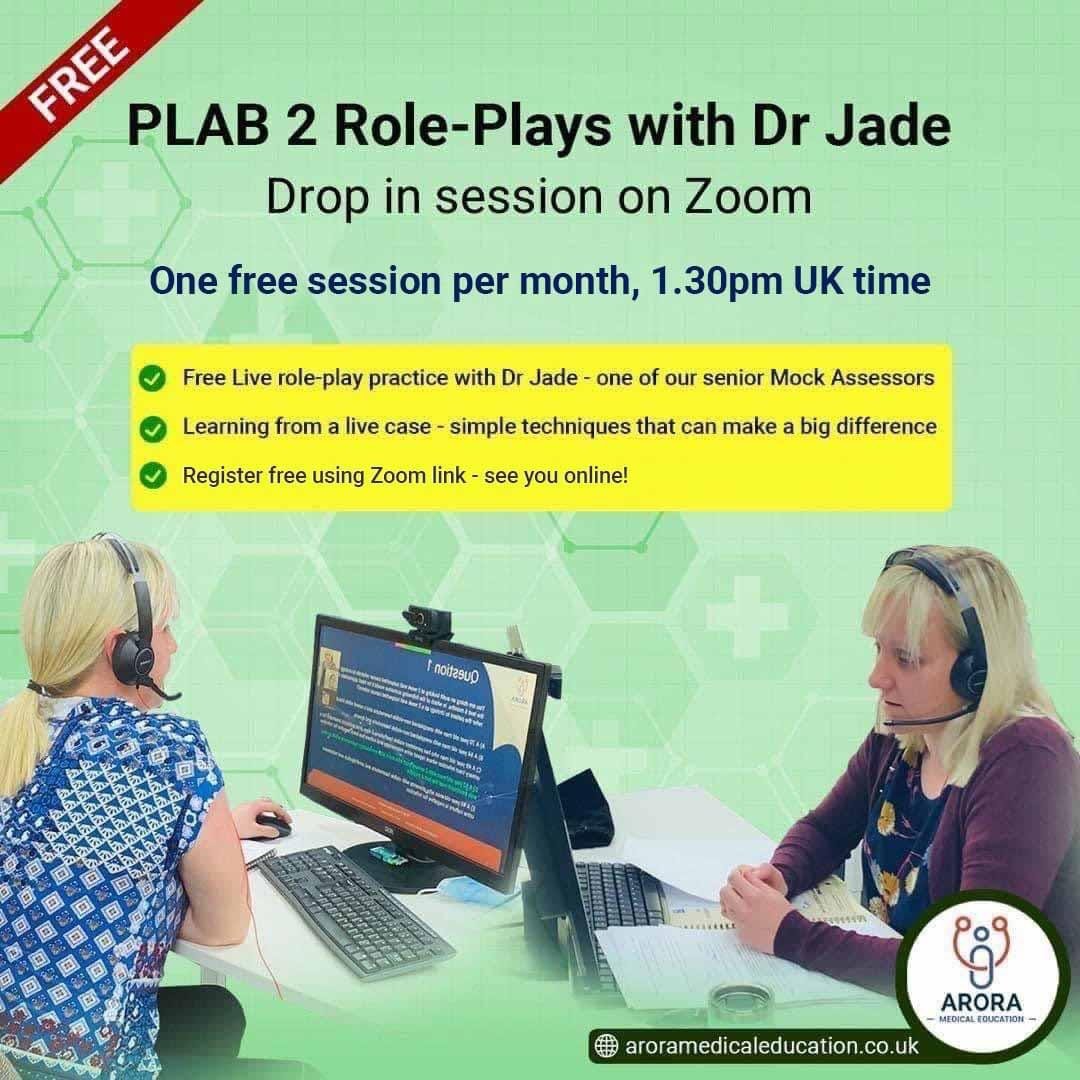 Monday FREE PLAB 2 role-play practice with Dr Jade - one of our senior PLAB 2 mock assessors… next session today - 3rd July, 1.30pm UK time: aroramedicaleducation-co-uk.zoom.us/webinar/regist… 🙋‍ Dr Jade will do a live practice PLAB 2 case. Only 100 spaces! #canpasswillpass #PLAB2 #passPLAB2 #PLAB