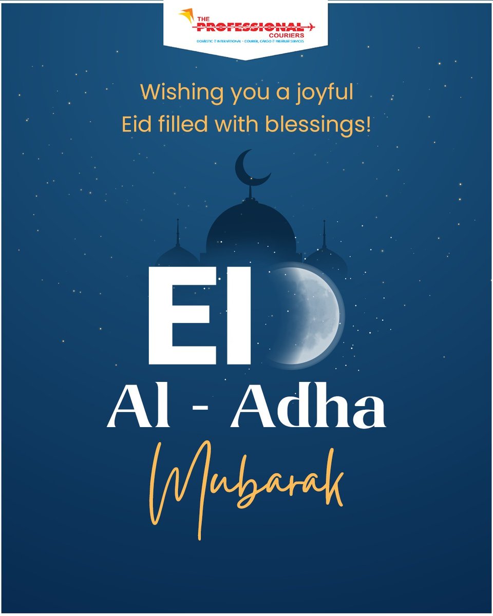 'Wishing you and your loved ones a blissful Eid filled with harmony and togetherness. Eid Mubarak!'

#TheProfessionalCourier #EidMubarak #EidAlAdha #DeliveringHappiness #Parcel #ParcelDelivery #Delivery #DeliveryService #ConnectingDistances #celebratorypost #Momentmarketing