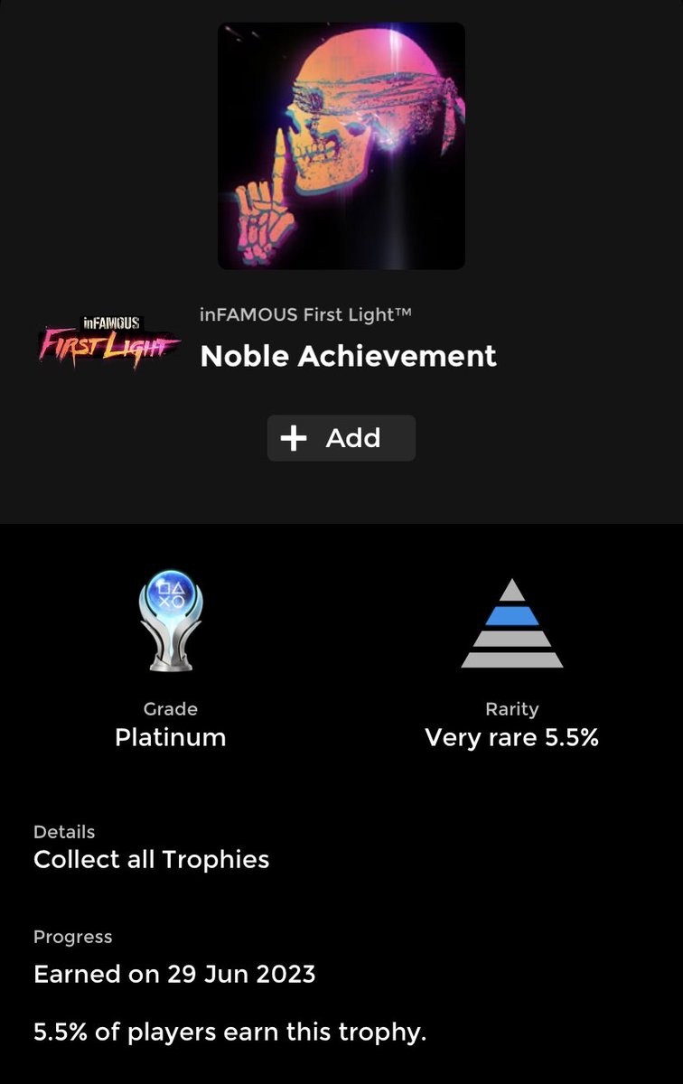 Platinum 🏆 #119
Infamous First Light
Platform: PS4
Difficulty: 3/10
Grind: 2/10
Fun: 10/10
Story: 10/10
Playthroughs: 1
Time to Platinum: 12 Hrs.

#PS4 #PS4share #PS5 #PS5Share #PlayStation #PlayStationTrophy #gaming #gamingcommunity #videogames #trophyhunting