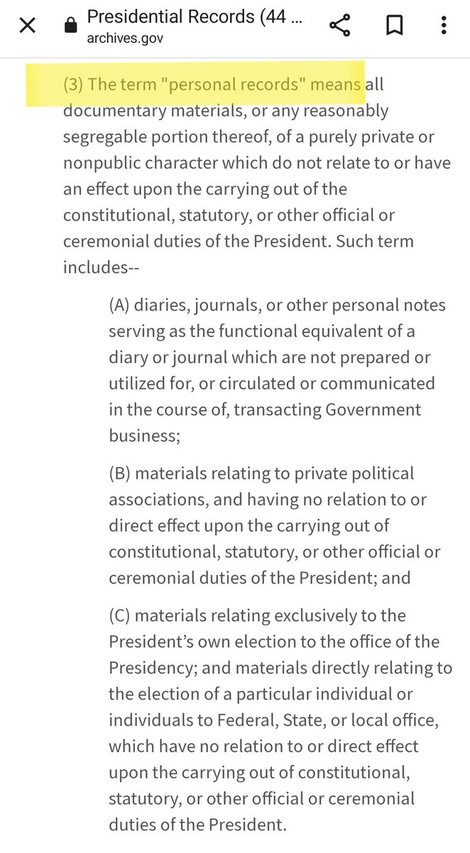 @1logicalmind @booatticus63 @BrendaCalvet1 @BillMcCombs3 When a President leaves office they can't take or possess any 'Presidential records', they can only take 'Personal records'.

The Presidential Records Act lays out what these terms mean.

In now way is National Defense Information a 'personal record'

1/2