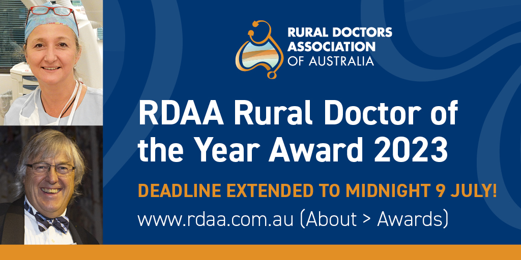 RuralDoctorsAus's tweet photo. Great news! We've extended our Awards deadline to midnight Sun 9 July to provide more time to nominate an awesome Rural Doctor, Rural Doctor in Training and/or Medical Student of the Year! Deets: https://t.co/rgCCjRzNm7 #medtwitter #MedStudentTwitter #juniordoc #destinationrural https://t.co/i8nqFV0WIh